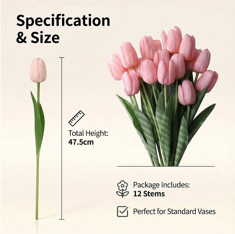 12 PCS Pink Artificial Tulip Flowers - Real Touch Fake Tulips for Home Wedding Party Decor - Image 3